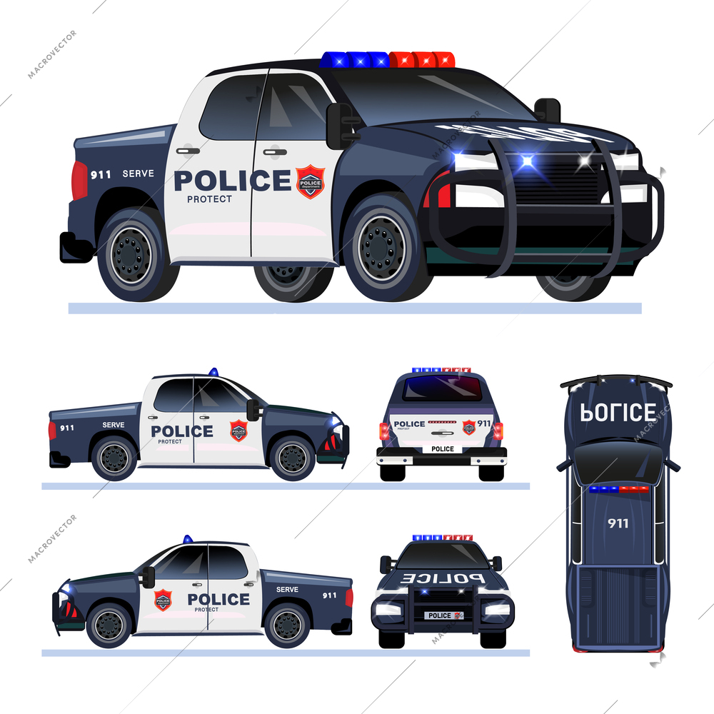 Police car from different angles top side back front views flat set isolated vector illustration