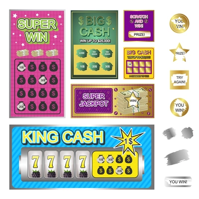 Realistic set of lottery tickets and shiny scratch card effects texture and blots isolated vector illustration