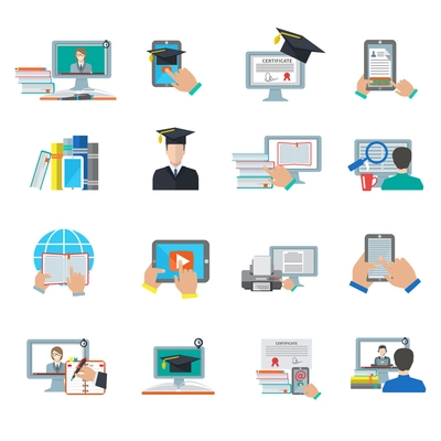 Online education e-learning digital graduation flat icon set isolated vector illustration