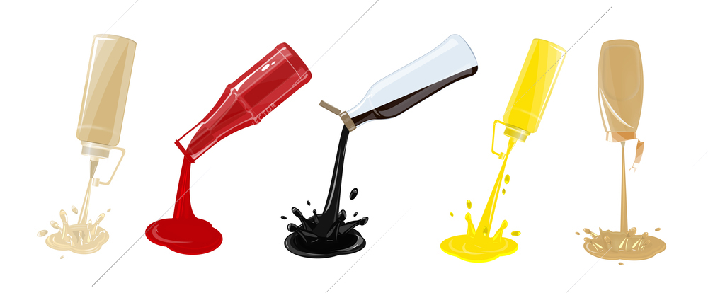 Sauces pouring from plastic and glass bottles flat set with soy cheese mayonnaise ketchup mustard isolated vector illustration