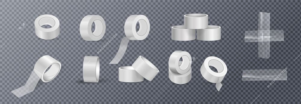 Sticky tape rolls and pieces realistic set isolated on transparent background vector illustration
