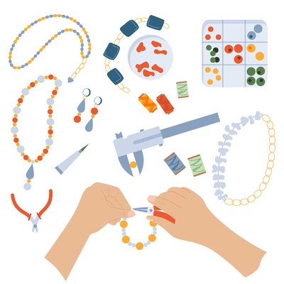 Hands craft flat composition with set of isolated jewelry icons with beads necklace parts and tools vector illustration