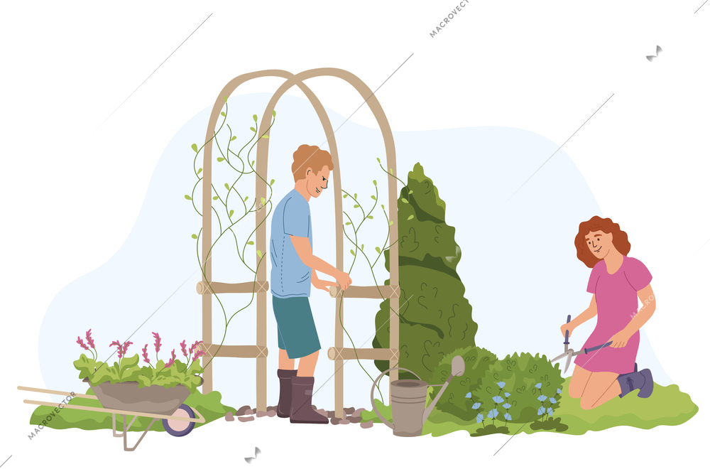 Home gardening flat composition with view of man and woman doing garden works on blank background vector illustration