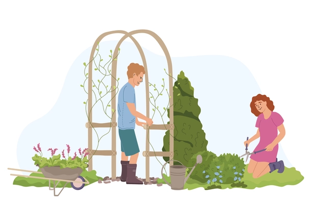 Home gardening flat composition with view of man and woman doing garden works on blank background vector illustration