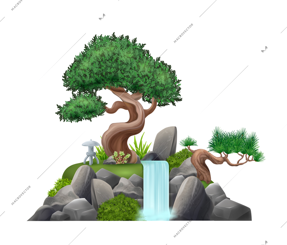 Realistic bonsai tree composition with decorative waterfall vector illustration