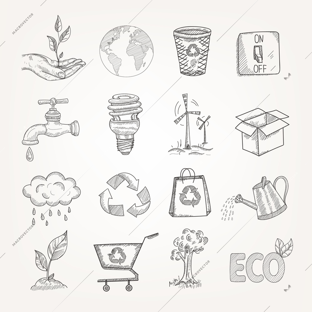 Doodles garbage recycling global conservation ecology icons set isolated vector illustration