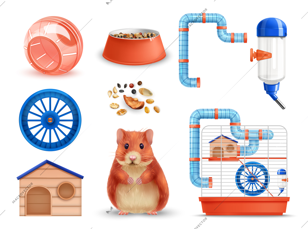 Realistic hamster icons set with cage and playing wheel isolated vector illustration