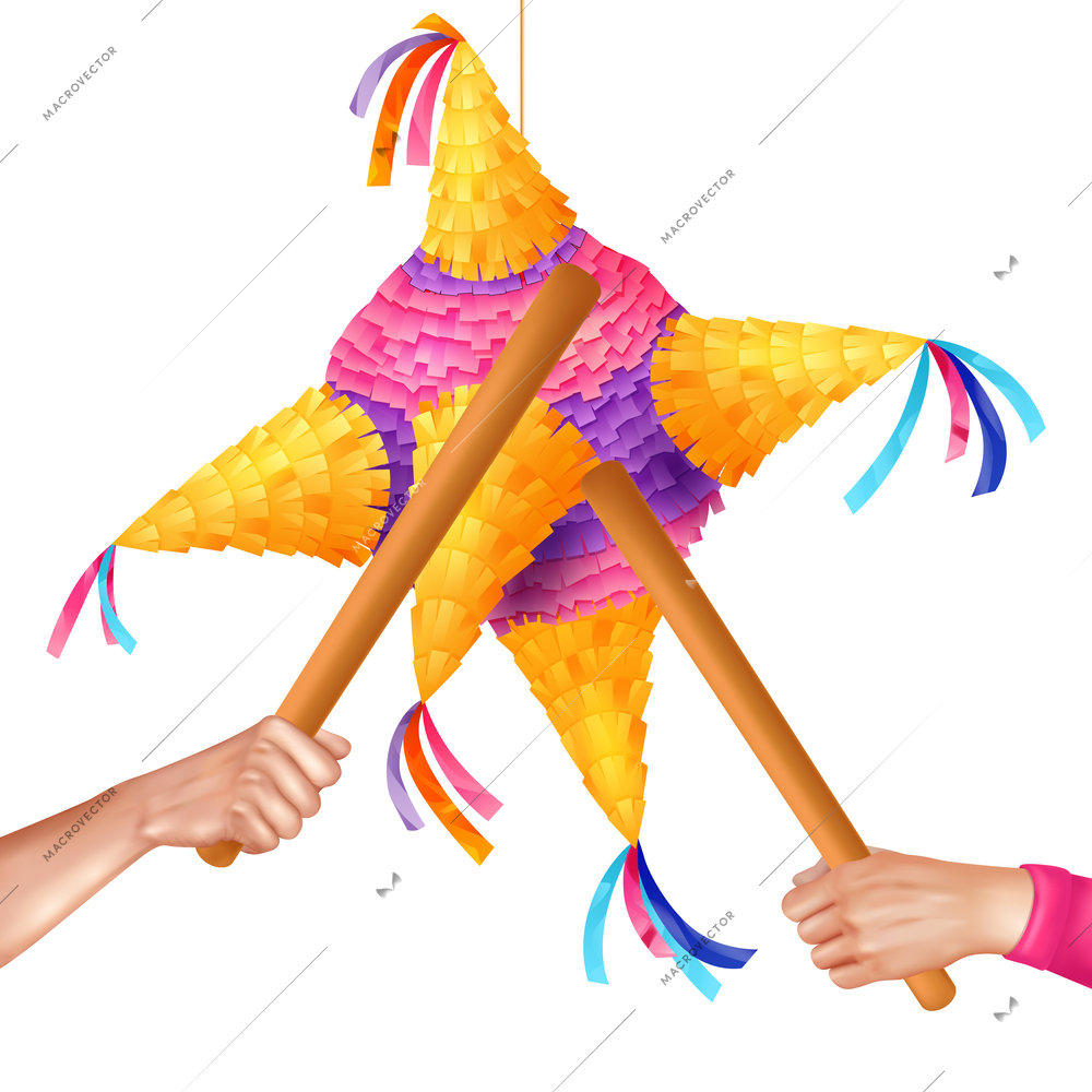 Realistic mexican pinata composition with human hands holding wooden clubs vector illustration