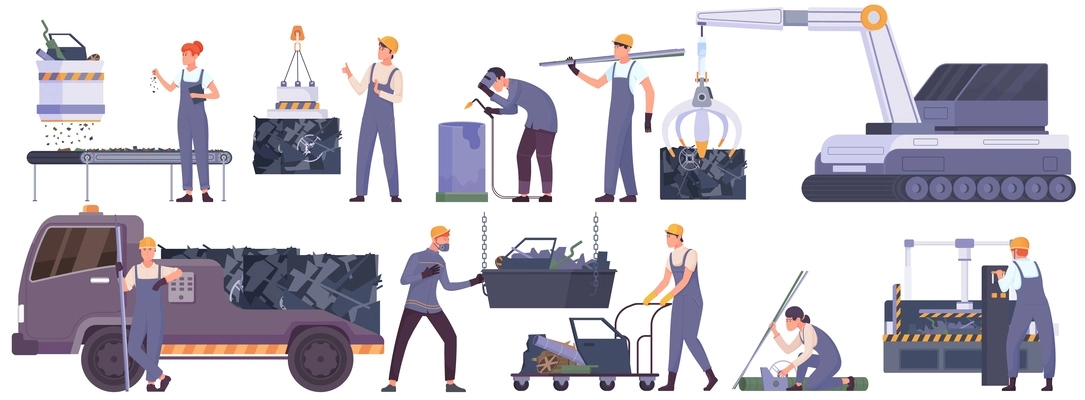 Collecting and recycling of metal flat set with iron waste plant equipment and workers isolated vector illustration