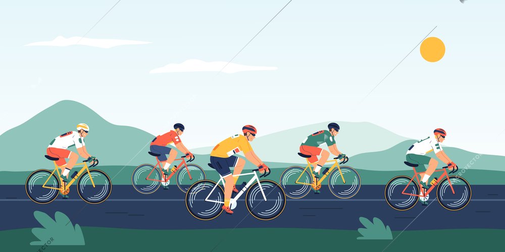 Bicycles race flat vector illustration with group of traveling bikers at mountain landscape background