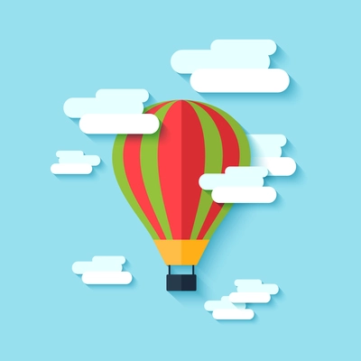 Traditional old drop shape multi colored hot air balloon floating in the clouded sky abstract vector illustration