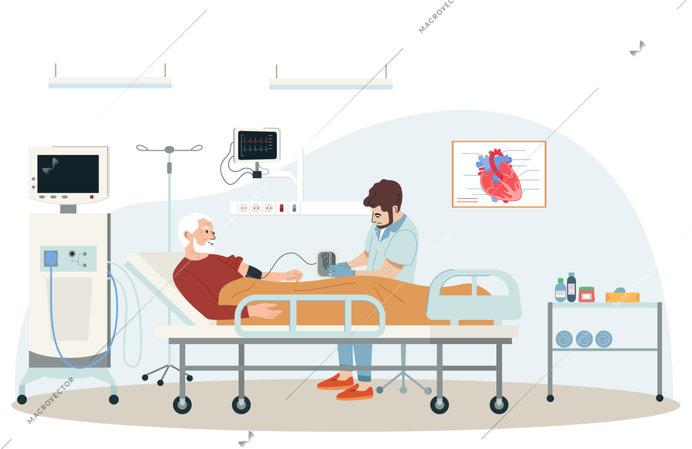 Heart attack symptoms flat composition with surgery room scenery with patient medical equipment and working doctor vector illustration