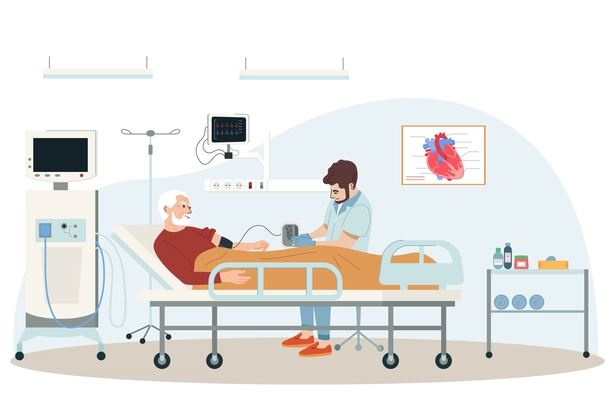 Heart attack symptoms flat composition with surgery room scenery with patient medical equipment and working doctor vector illustration