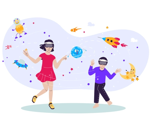 Children gadget addiction flat composition with two teenage kids wearing vr glasses on metaverse icons background vector illustration