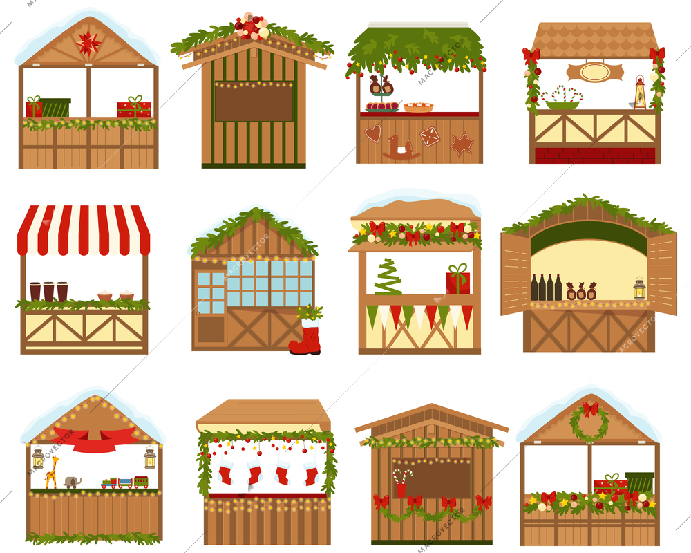 Christmas fair flat set of isolated icons with decorated market stalls selling goods drinks and food vector illustration