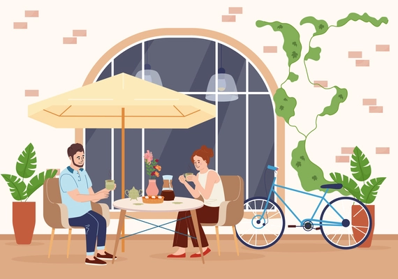 Coffee people flat composition with view of couple sitting at outdoor table drinking cups under umbrella vector illustration