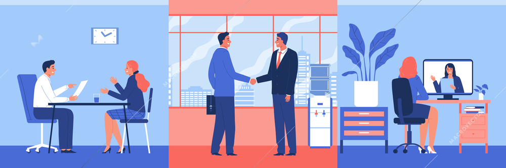 Job search recruitment design concept with views of office working places with people talking shaking hands vector illustration