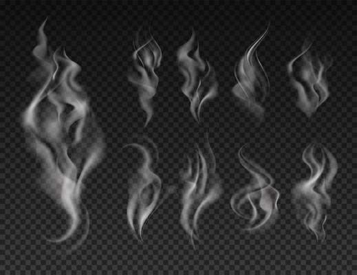 Gray steam smoke realistic traces in air from evaporation or burning on dark transparent background isolated vector illustration