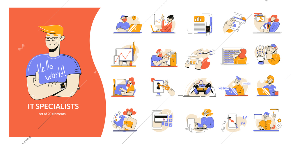 It specialist set with flat isolated doodle style compositions with programming code icons and young programmers vector illustration