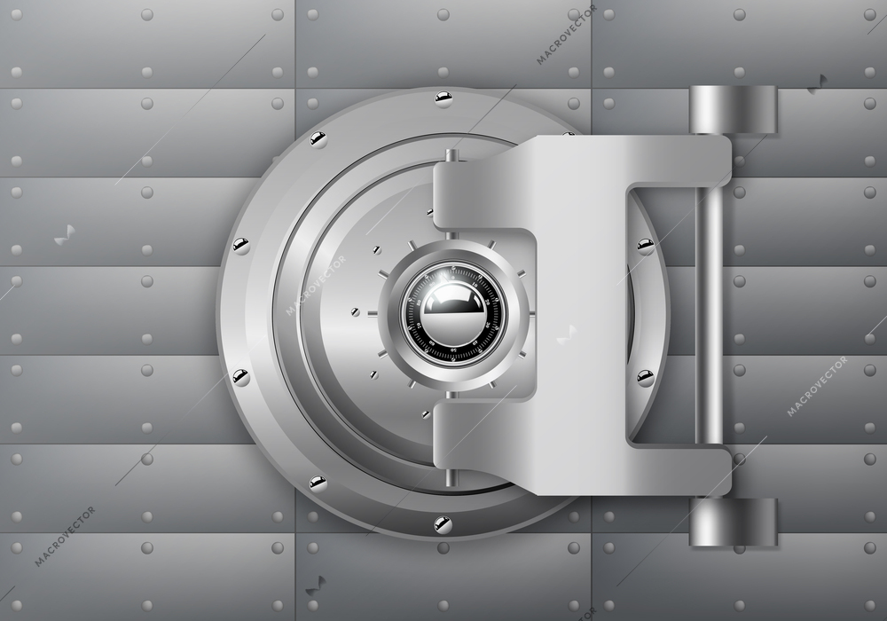 Closed massive bank vault door on steel wall realistic composition vector illustration