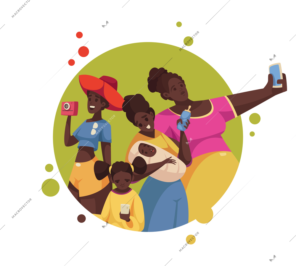 Black people cartoon concept with happy women girls and baby in round frame vector illustration