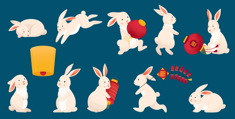 Rabbit chinese zodiac sign set of isolated cartoon style rabbits in various poses carrying festive decorations vector illustration