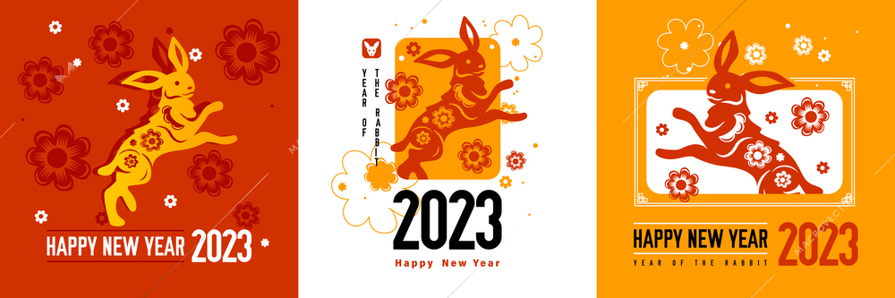 Happy new year 2023 flat design concept with chinese zodiac rabbits isolated vector illustration