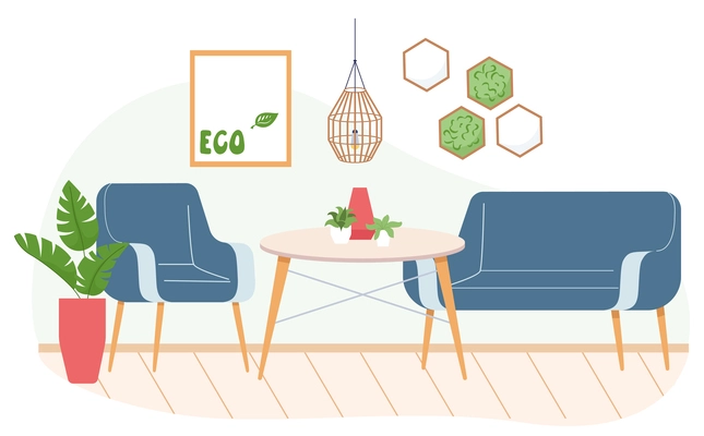 Modern eco cafe flat background with indoor composition of interior elements plants and table with chairs vector illustration