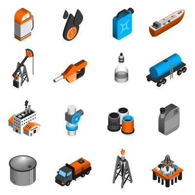 Oil industry gasoline processing petroleum transportation isometric icons set isolated vector illustration