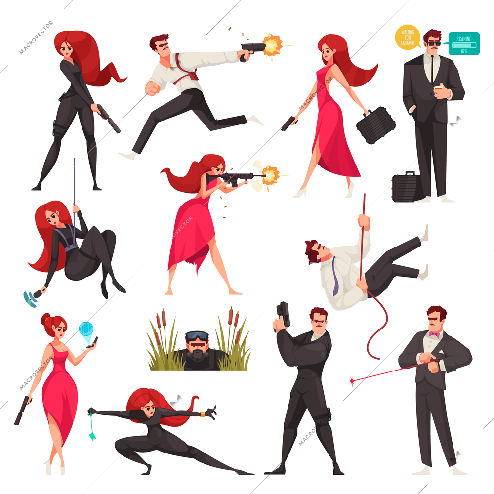Secret agents cartoon icons set with male and female super heroes isolated vector illustration