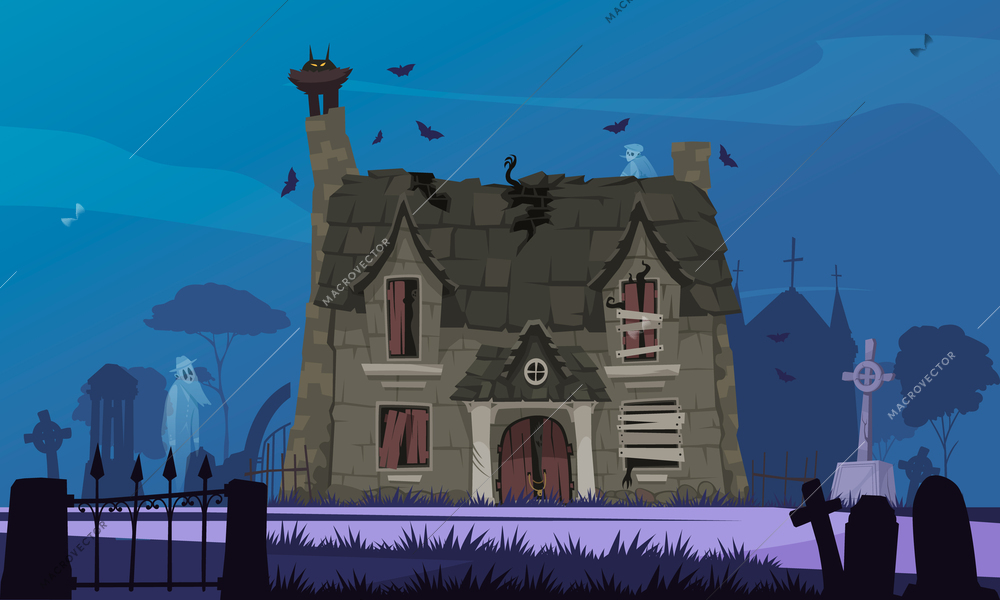 Scary house cartoon poster with deserted building and ghost and cemetery on background vector illustration