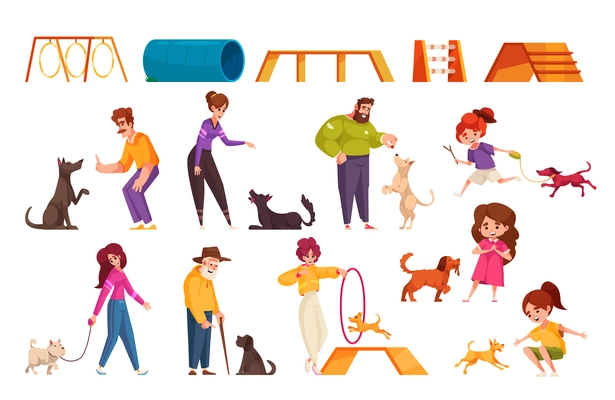 Dag training cartoon icons set with pet playground elements isolated vector illustration