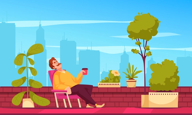 Urban gardening concept with man relaxing on rooftop with growing plants and trees cartoon vector illustration