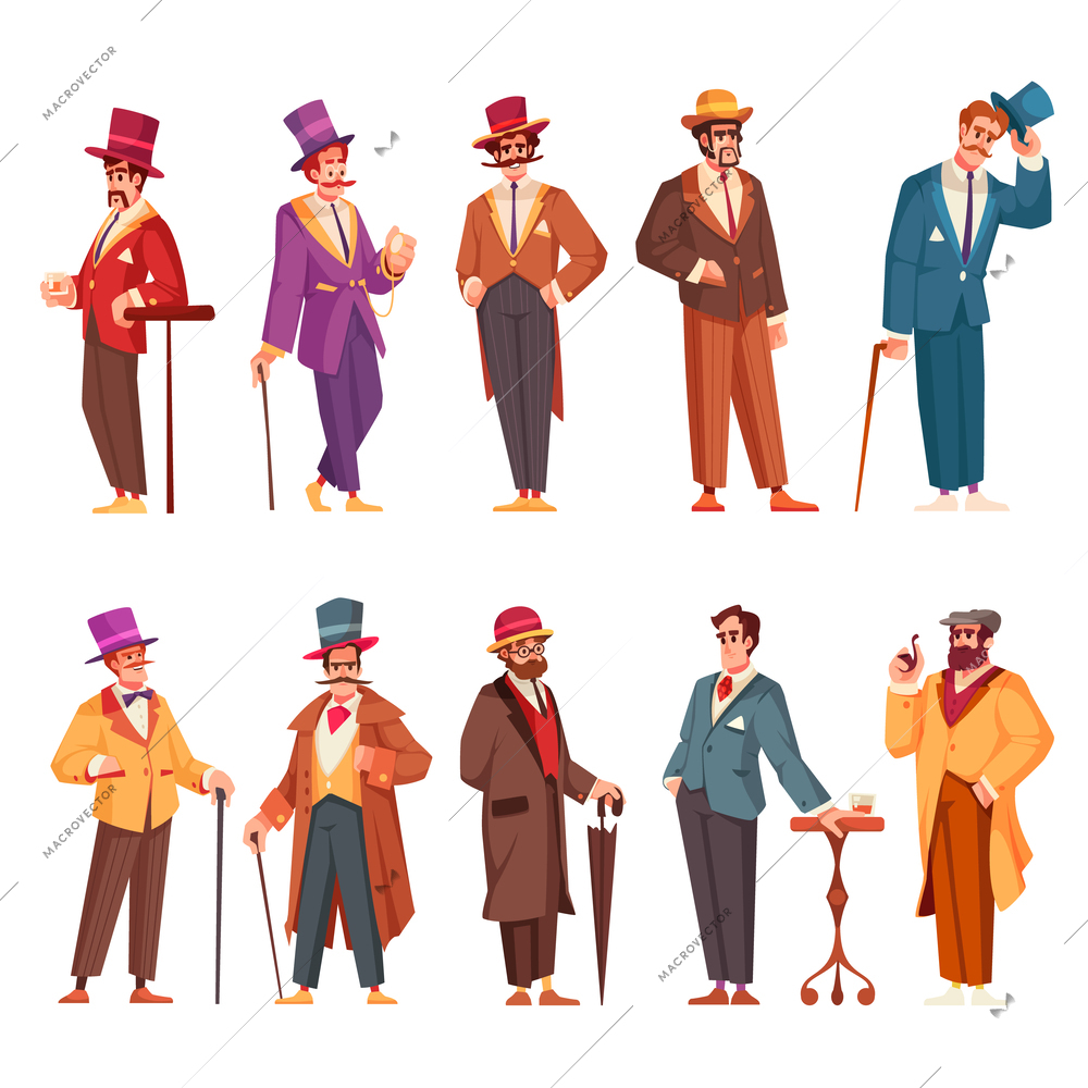 Gentlemen cartoon icons set with male aristocrats in fancy clothes isolated vector illustration