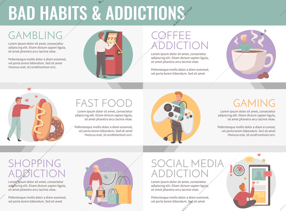 Bad habits cartoon infographics with coffee shopping and social media addictions vector illustration