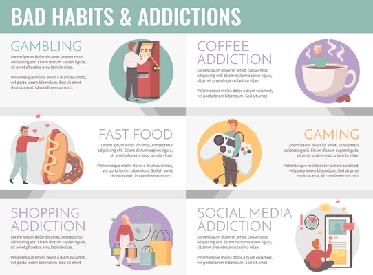 Bad habits cartoon infographics with coffee shopping and social media addictions vector illustration