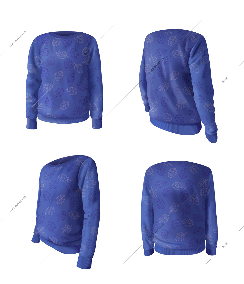 Unisex sweatshirt realistic mockup set in blue color isolated vector illustration