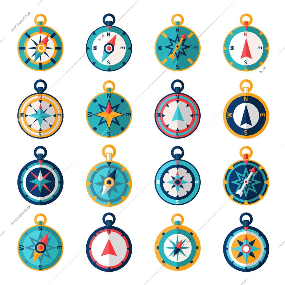 Navigational compass sailing orientation instrument icon flat set isolated vector illustration