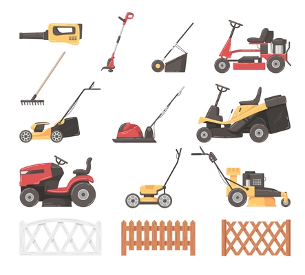 Lawn mower and grass cutters cartoon icons set isolated vector illustration