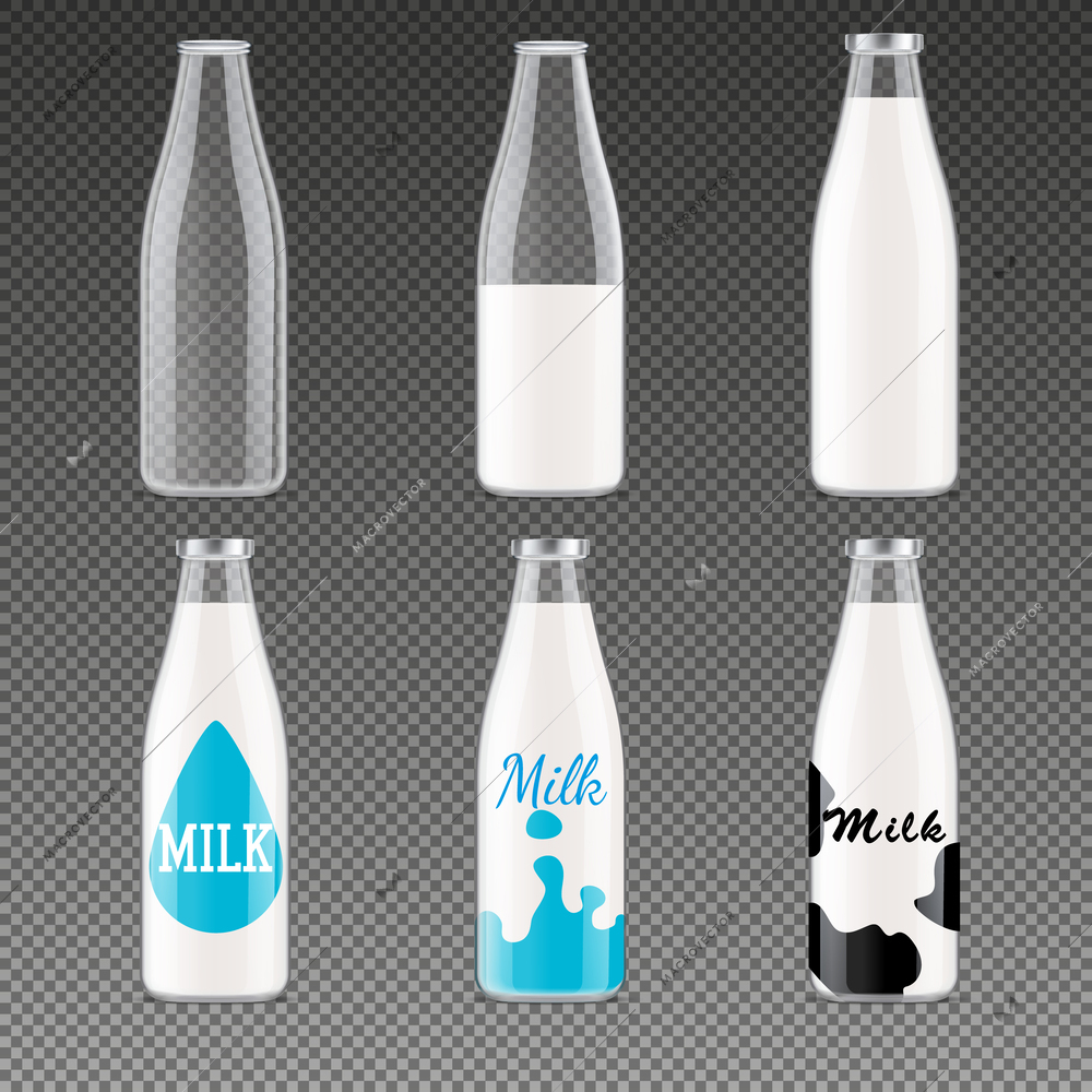 Milk bottles packages realistic transparent set with drink symbols isolated vector illustration