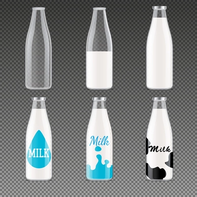 Milk bottles packages realistic transparent set with drink symbols isolated vector illustration