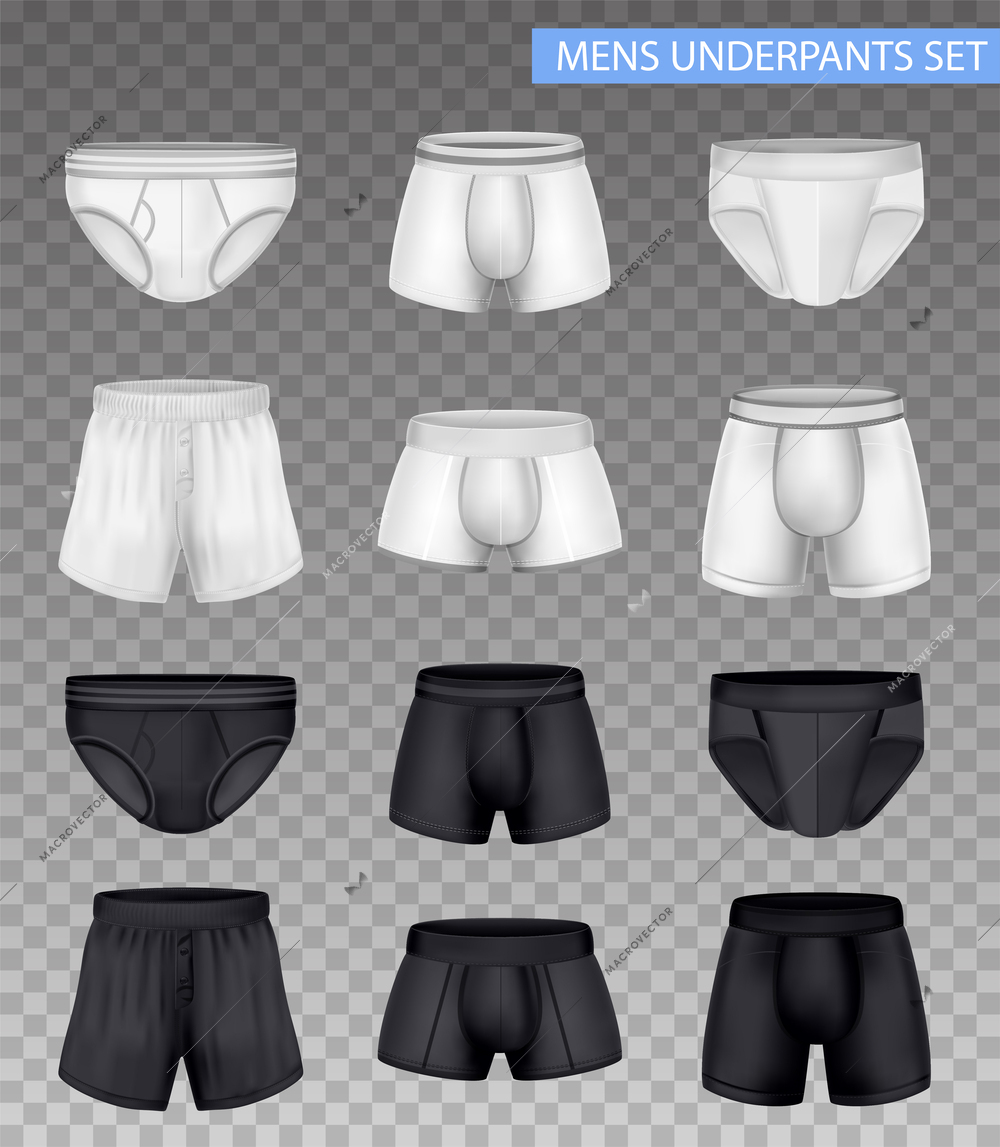 Mens underpants realistic set with various models of black and white colors isolated on transparent background vector illustration