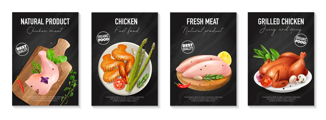 Realistic fresh natural chicken meat vertical poster set with raw and grilled products editable text on black background isolated vector illustration