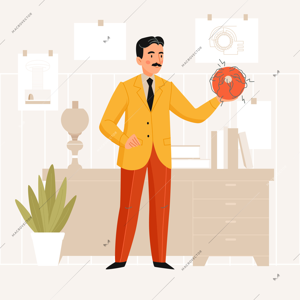 Great scientist nikola tesla in his laboratory flat vector illustration