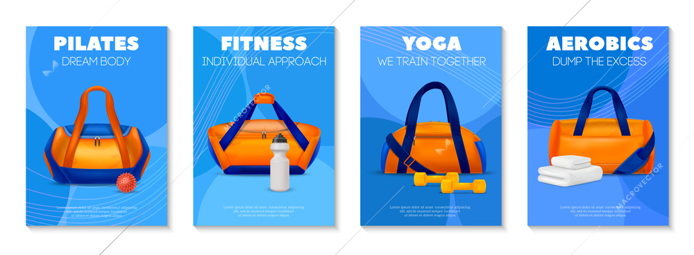 Realistic set of four vertical fitness pilates yoga aerobics posters with gym bags and sport tools isolated vector illustration