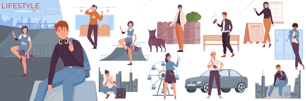 People lifestyle flat composition set with stress free men and women drinking coffee listening to music walking isolated vector illustration