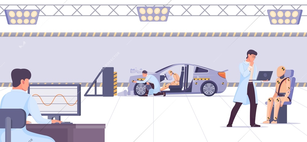 Crash test scene with smashed car dummies and people working on computer flat vector illustration