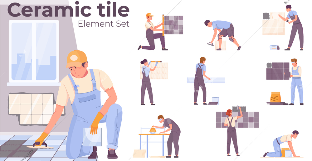 Workers laying ceramic tile floors and walls flat elements set isolated vector illustration