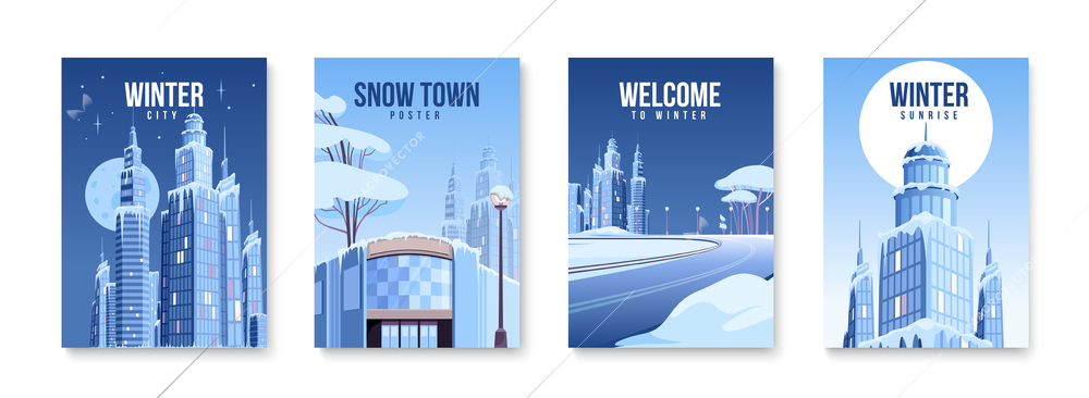 Ice snow modern city poster set with four isolated vertical compositions of text and winter landscapes vector illustration