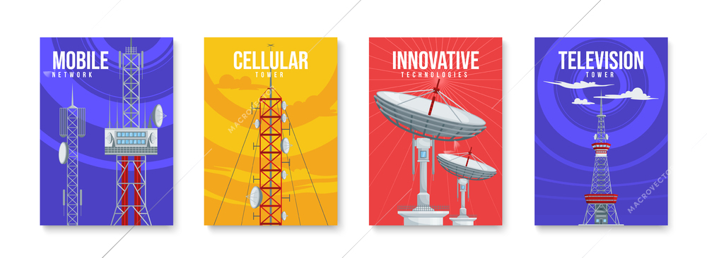 Communication towers set of four isolated vertical posters with editable text and cellular antennas with waves vector illustration